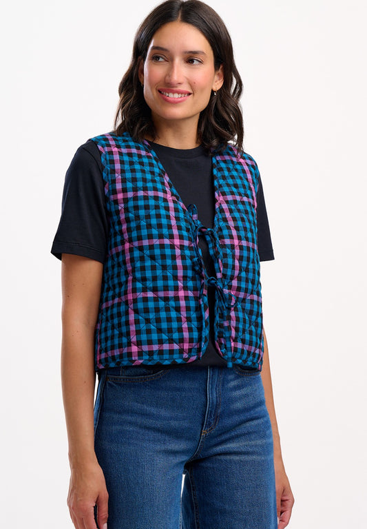 VANDER QUILTED WAISTCOAT | BLACK/TEAL GINGHAM