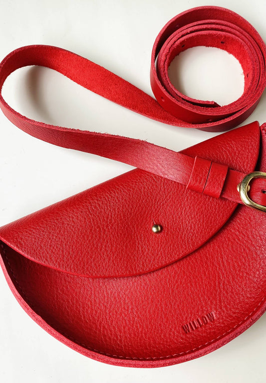 HANDMADE RED LEATHER HALFMOON CROSSBODY BAG