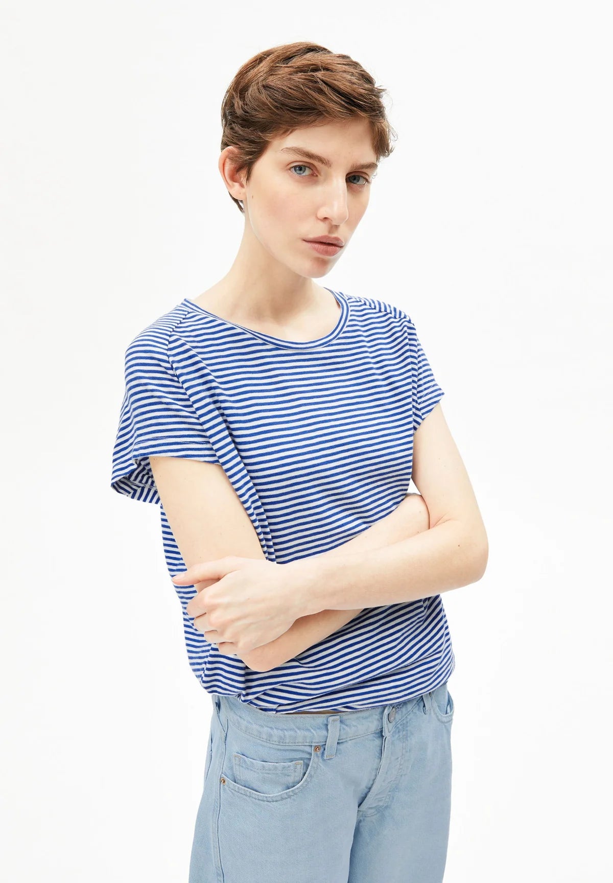 ORGANIC COTTON SLUB JERSEY STRIPE T-SHIRT | OATMILK-DYNAMO BLUE