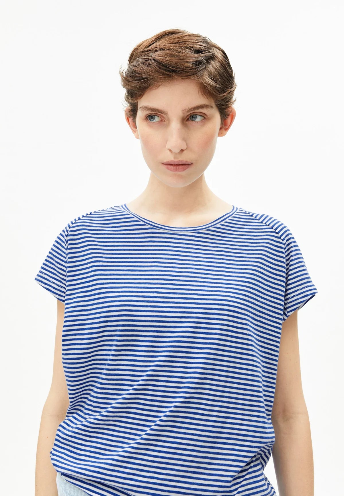 ORGANIC COTTON SLUB JERSEY STRIPE T-SHIRT | OATMILK-DYNAMO BLUE