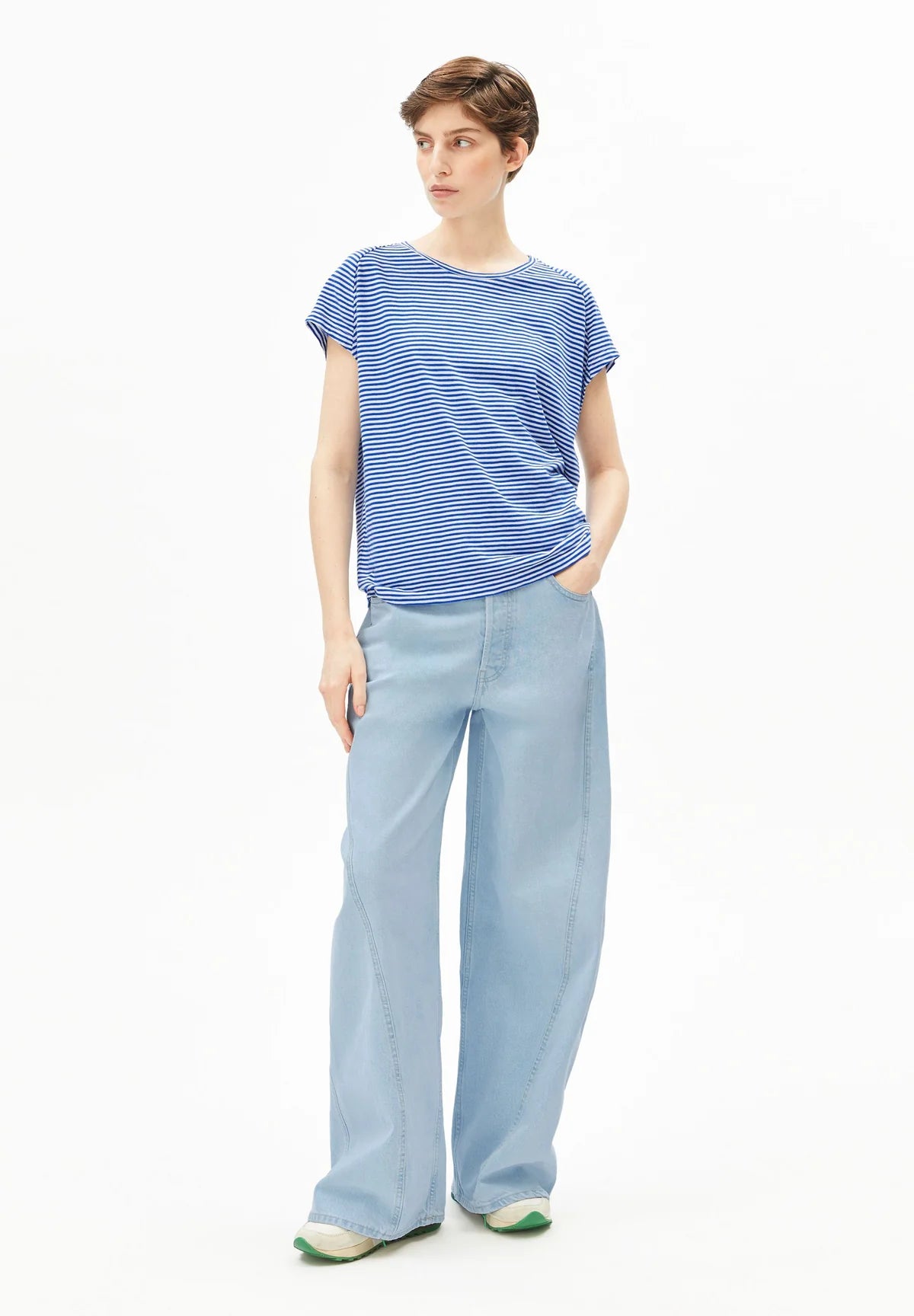 ORGANIC COTTON SLUB JERSEY STRIPE T-SHIRT | OATMILK-DYNAMO BLUE