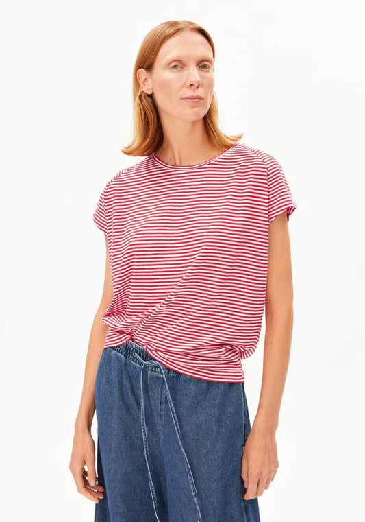 ORGANIC COTTON SLUB JERSEY STRIPE T-SHIRT | PINK MIST-MARS RED