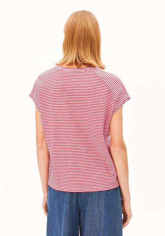 ORGANIC COTTON SLUB JERSEY STRIPE T-SHIRT | PINK MIST-MARS RED