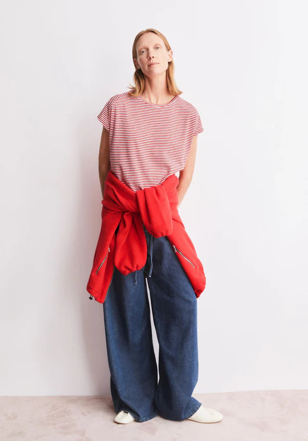 ORGANIC COTTON SLUB JERSEY STRIPE T-SHIRT | PINK MIST-MARS RED