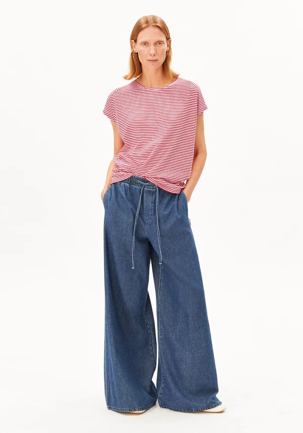 ORGANIC COTTON SLUB JERSEY STRIPE T-SHIRT | PINK MIST-MARS RED