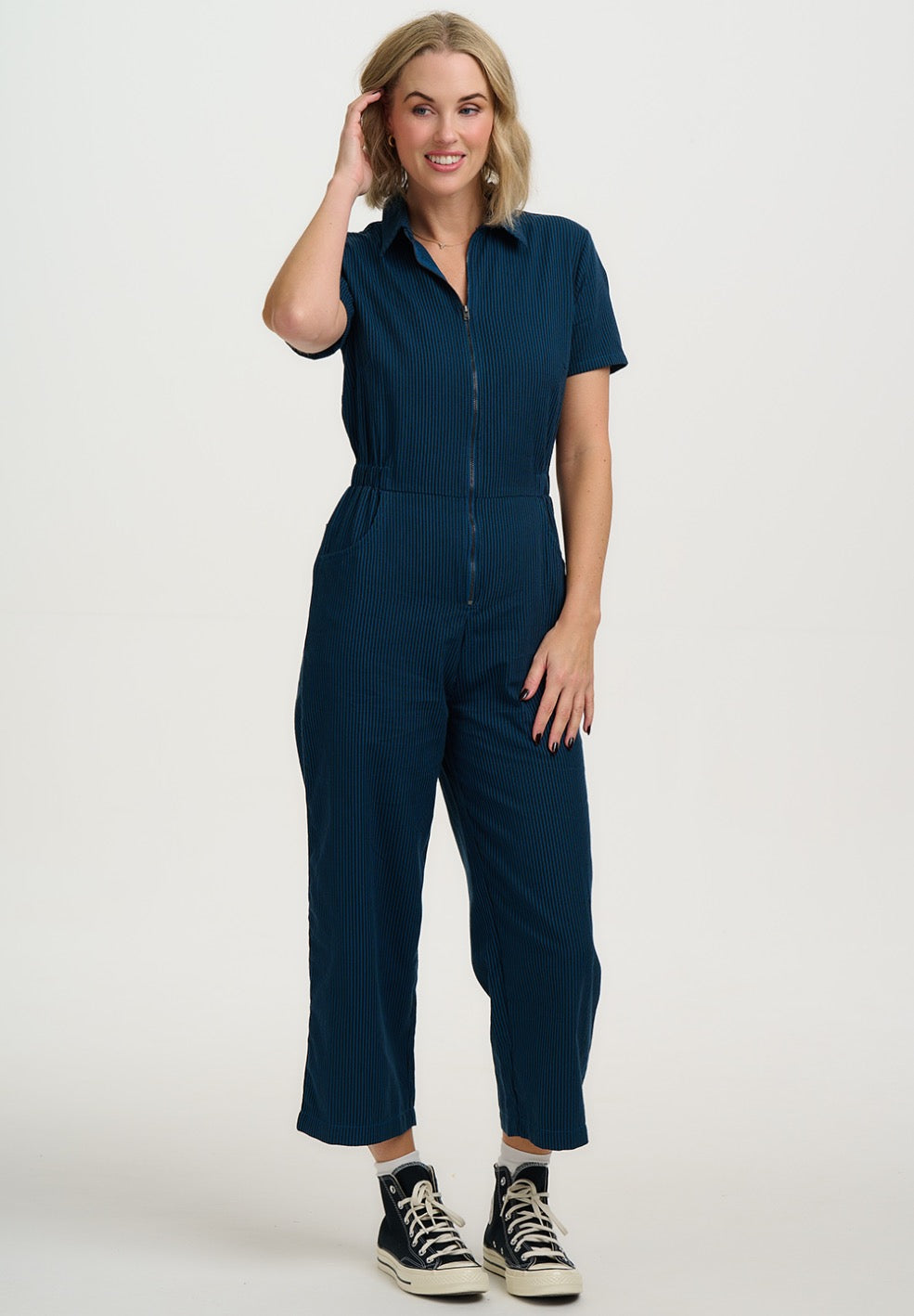CORA CROPPED JUMPSUIT | BLACK/TEAL THIN STRIPE