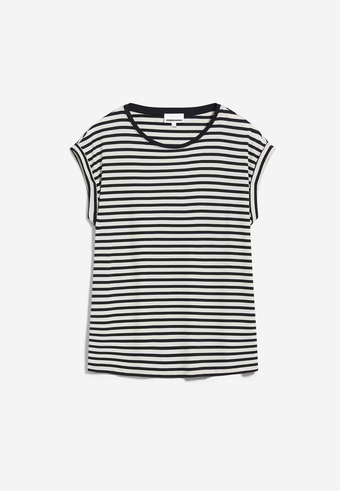 Relaxed fit cap sleeve striped t-shirt by ARMEDANGELS, made from a sustainable TENCEL™ and organic cotton mix. Fine horizontal stripes in navy blue and oat milk white.