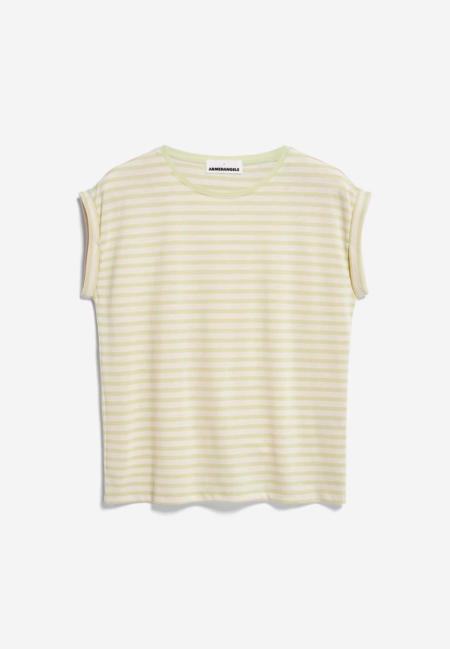 Relaxed fit cap sleeve striped t-shirt by ARMEDANGELS, made from a sustainable TENCEL™ and organic cotton mix. Fine horizontal stripes in pastel green and oat milk white.
