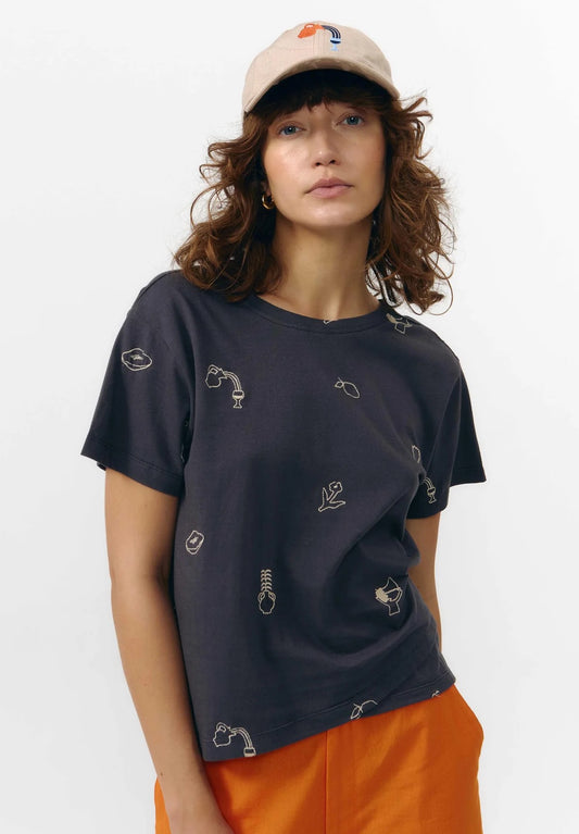 NANSA EMBROIDERED TOP DARK GREY