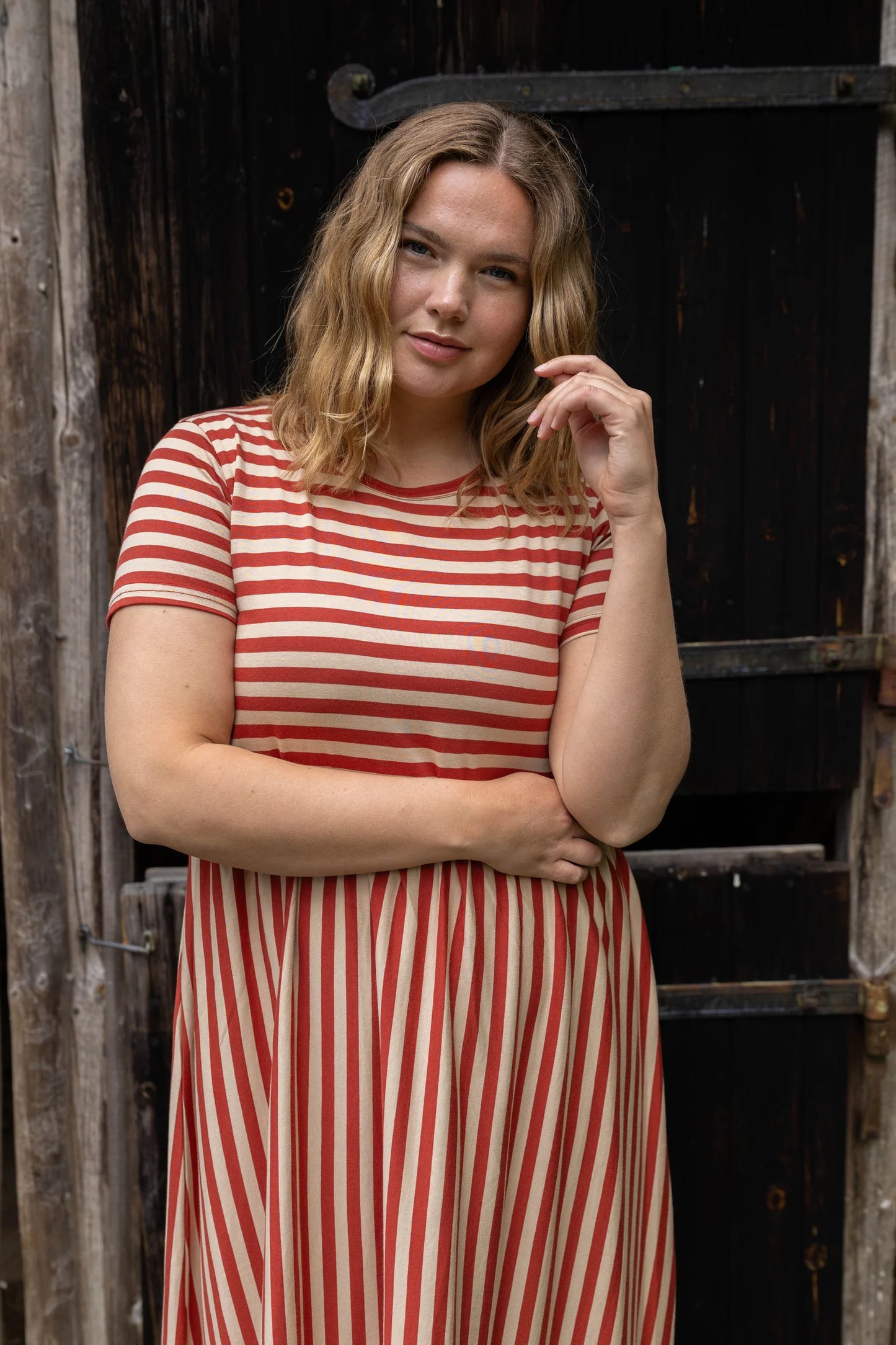 DANEKROYER STRIPED MIDI DRESS | NOUGAT-CHILI