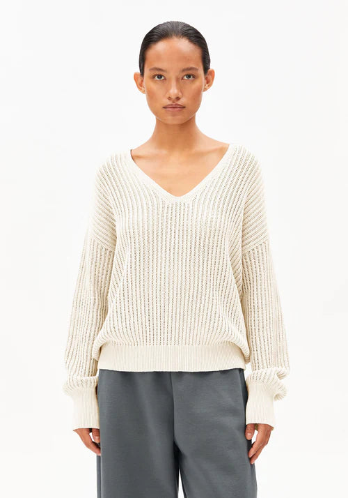 LINEN BLEND CROCHET V-NECK JUMPER | UNDYED
