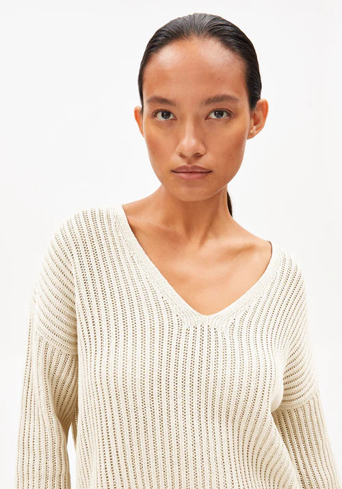 LINEN BLEND CROCHET V-NECK JUMPER | UNDYED