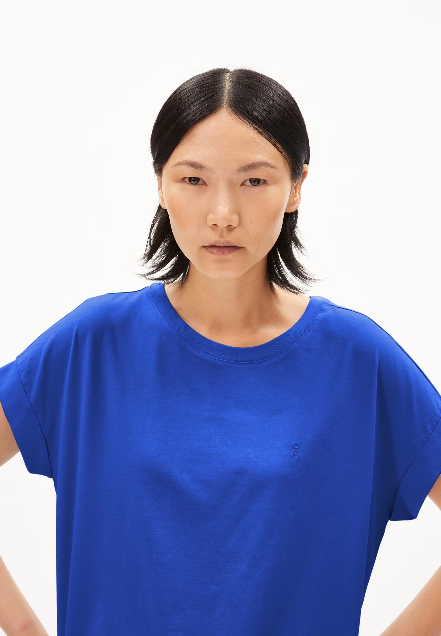 Relaxed fit cap sleeve t-shirt by ARMEDANGELS in bright blue, made from a sustainable TENCEL™ and organic cotton mix.