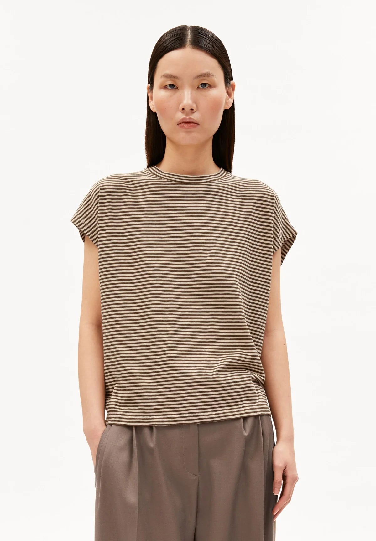 ORGANIC COTTON SLUB JERSEY STRIPE T-SHIRT | SAND STONE-DRIED PALM