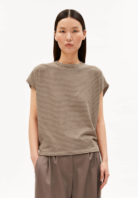 ORGANIC COTTON SLUB JERSEY STRIPE T-SHIRT | SAND STONE-DRIED PALM