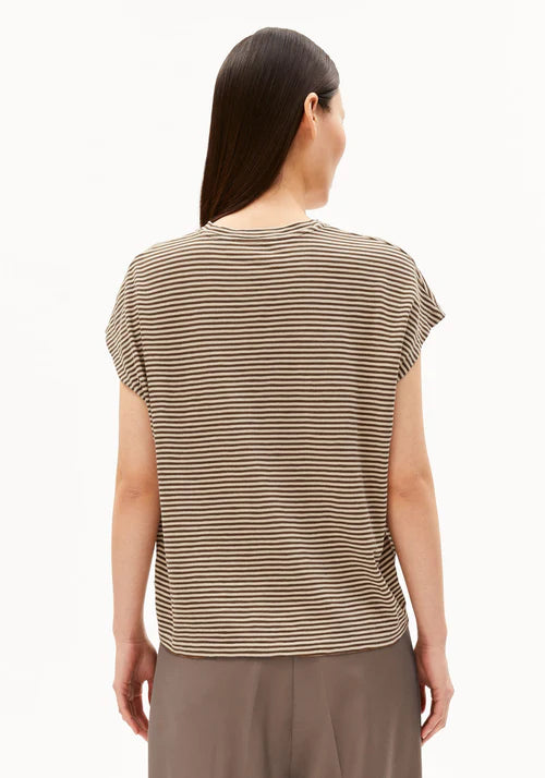 ORGANIC COTTON SLUB JERSEY STRIPE T-SHIRT | SAND STONE-DRIED PALM