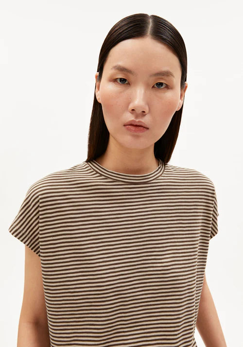 ORGANIC COTTON SLUB JERSEY STRIPE T-SHIRT | SAND STONE-DRIED PALM