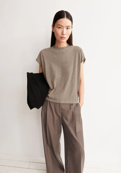 ORGANIC COTTON SLUB JERSEY STRIPE T-SHIRT | SAND STONE-DRIED PALM