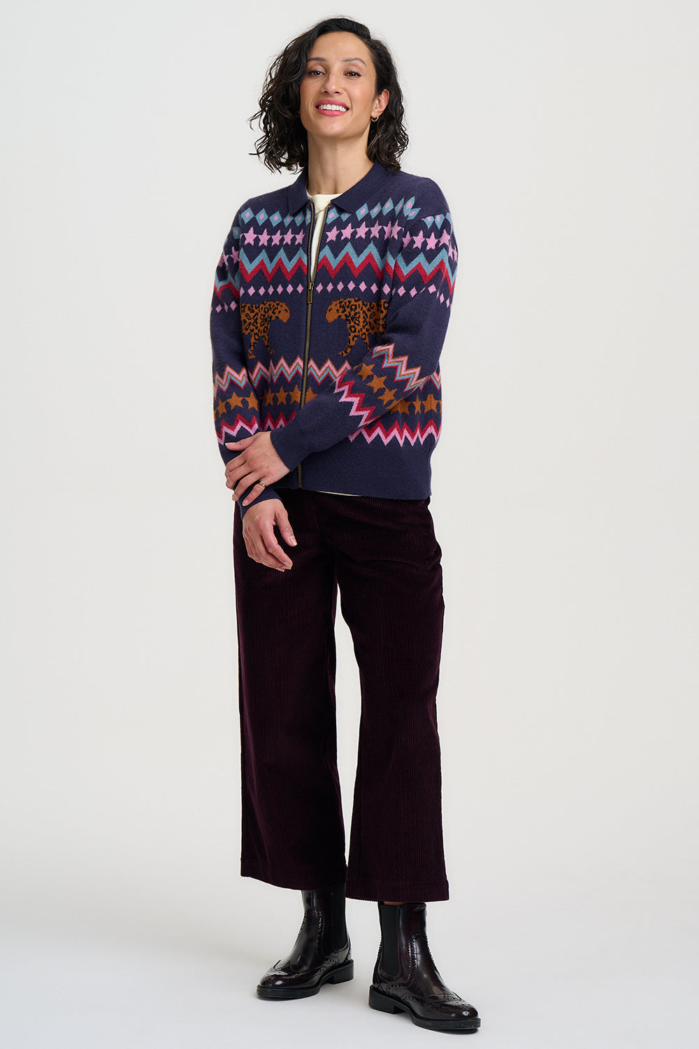 KATLIN KNITTED BOMBER JACKET | NAVY WALKING LEOPARD
