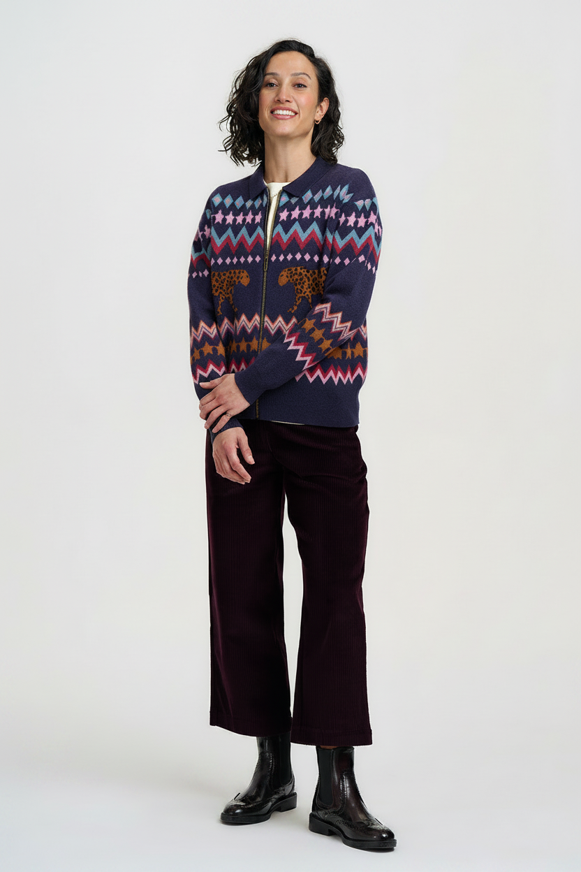 KATLIN KNITTED BOMBER JACKET | NAVY WALKING LEOPARD
