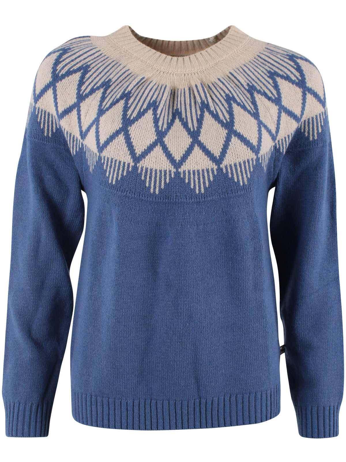A blue knit crewneck yoke jumper by Danefae with a beige geometric Fair Isle pattern across the yoke and shoulders, shown on a plain white background.