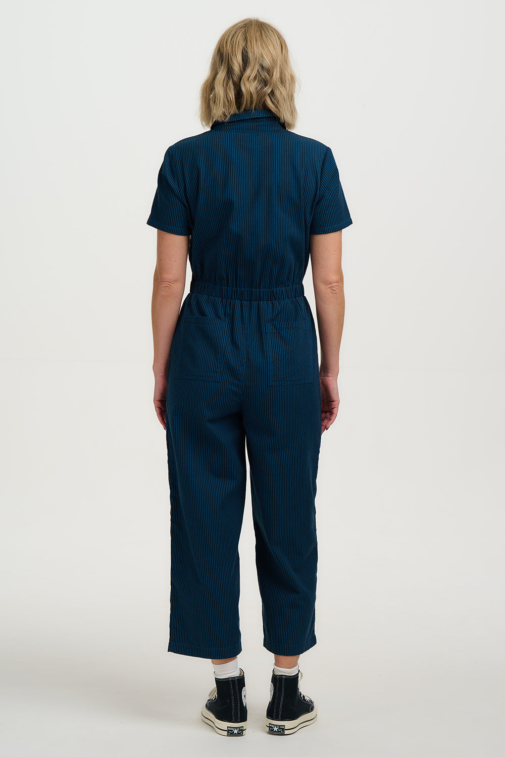 CORA CROPPED JUMPSUIT | BLACK/TEAL THIN STRIPE