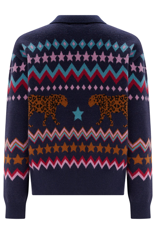 KATLIN KNITTED BOMBER JACKET | NAVY WALKING LEOPARD