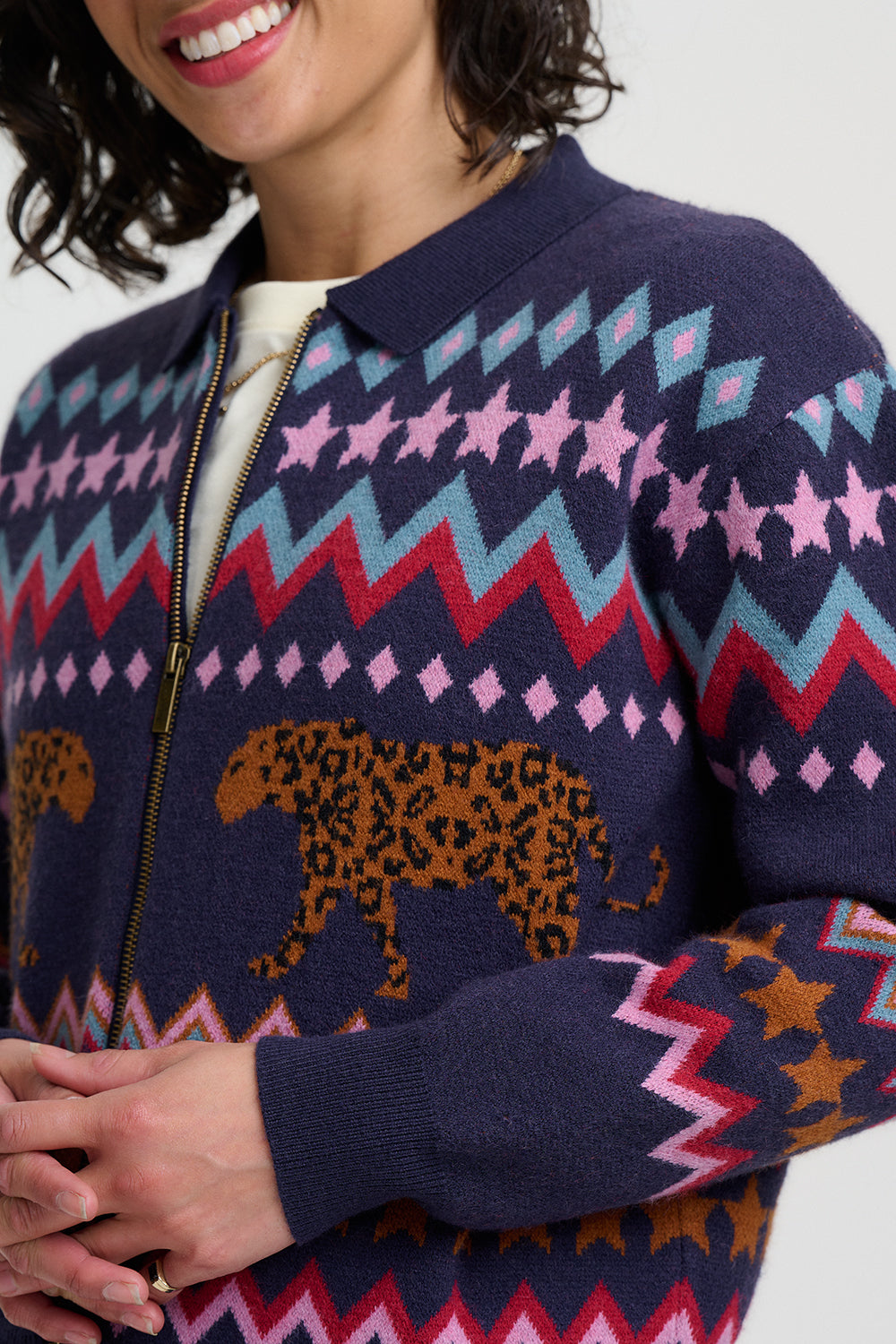 KATLIN KNITTED BOMBER JACKET | NAVY WALKING LEOPARD