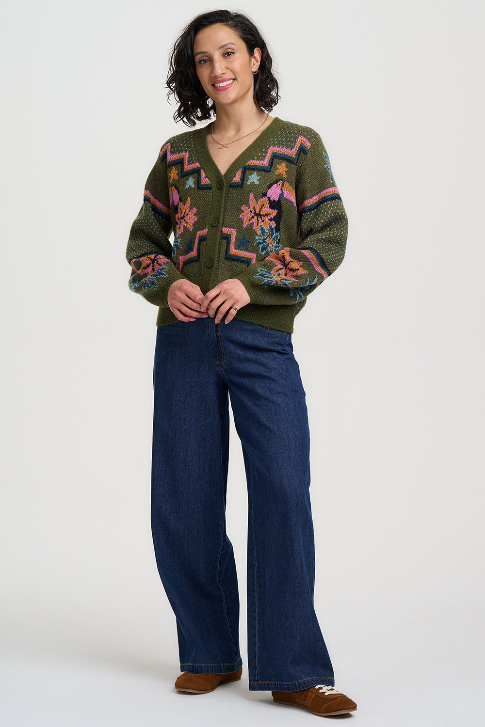 RYANNE CARDIGAN KHAKI GREEN GEOMETRIC TOUCAN