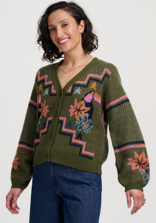 RYANNE CARDIGAN KHAKI GREEN GEOMETRIC TOUCAN