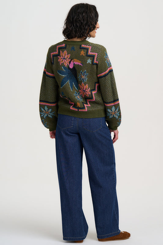 RYANNE CARDIGAN KHAKI GREEN GEOMETRIC TOUCAN