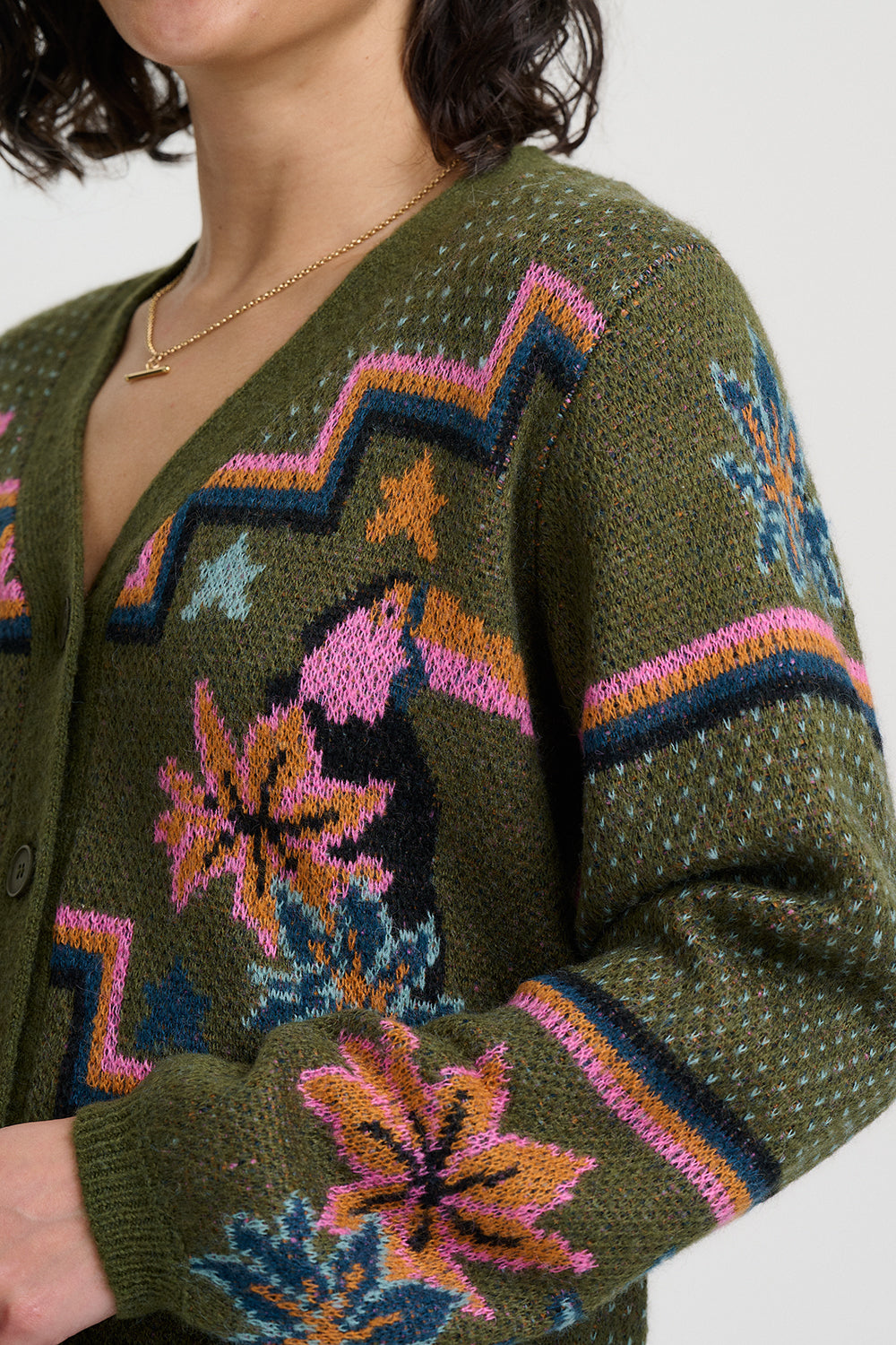 RYANNE CARDIGAN KHAKI GREEN GEOMETRIC TOUCAN