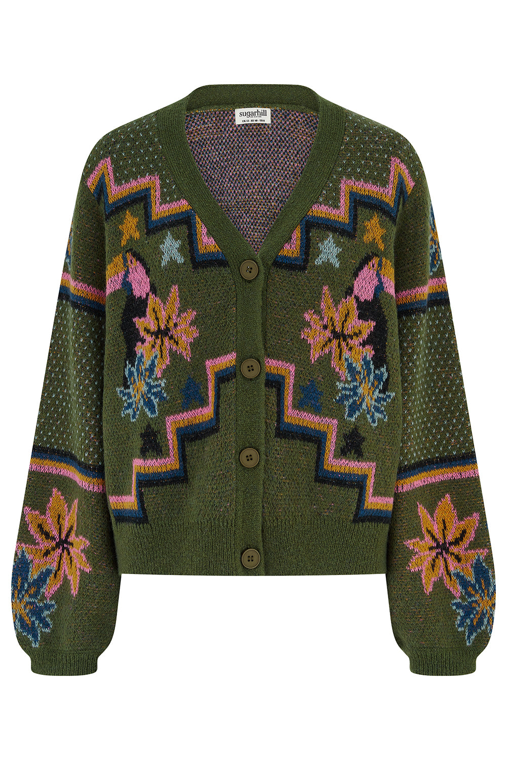RYANNE CARDIGAN KHAKI GREEN GEOMETRIC TOUCAN