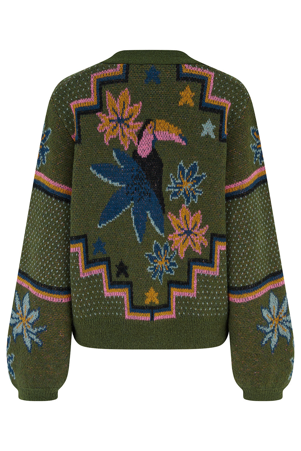 RYANNE CARDIGAN KHAKI GREEN GEOMETRIC TOUCAN