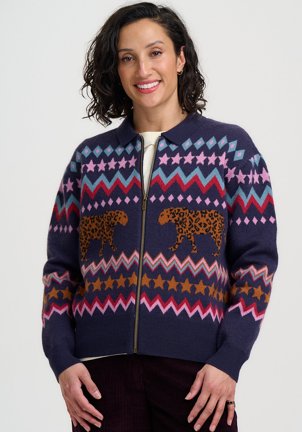 KATLIN KNITTED BOMBER JACKET | NAVY WALKING LEOPARD