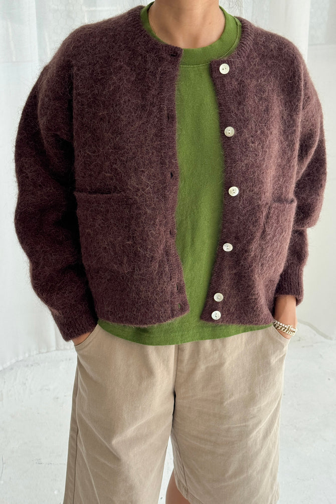 Person wearing a brown Amelie alpaca and wool cardigan from Le Bon Shoppe  over a green shirt with beige pants against a white background