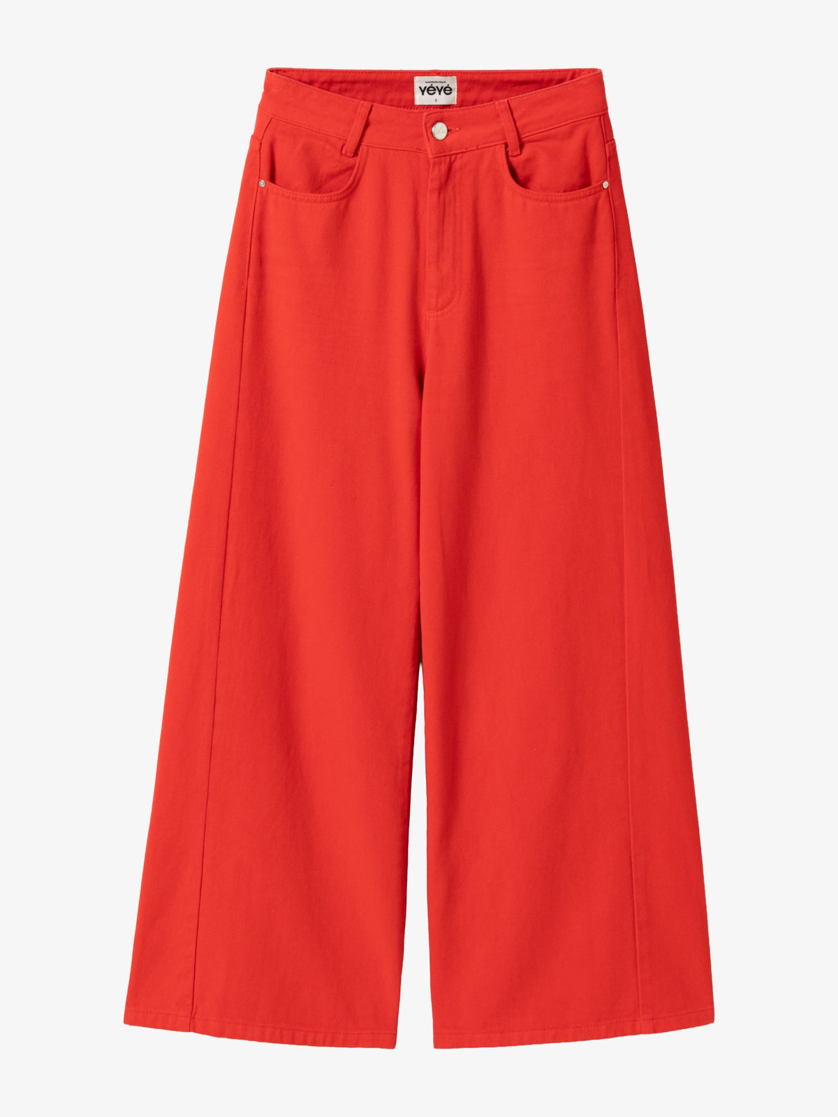Bright red wide-leg cropped pants with a five-pocket design, photographed flat against a light gray background.