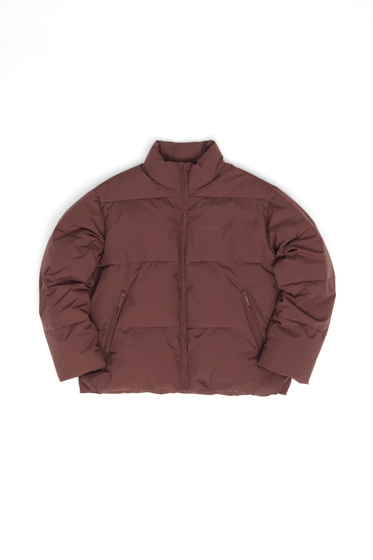 Chocolate brown puffer jacket on a white background