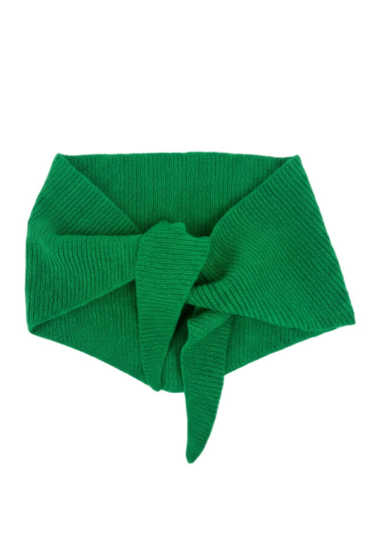 Kelly green knitted triangular merino wool scarf on a white background
