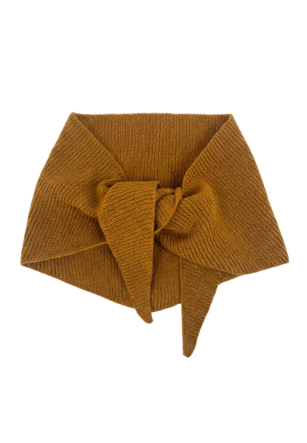 Ochre coloured knitted triangular merino wool scarf on a white background