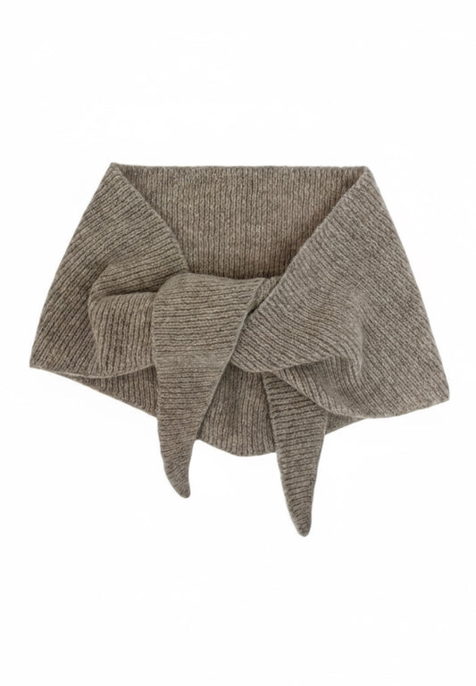 Pebble grey knitted triangular merino wool scarf on a white background