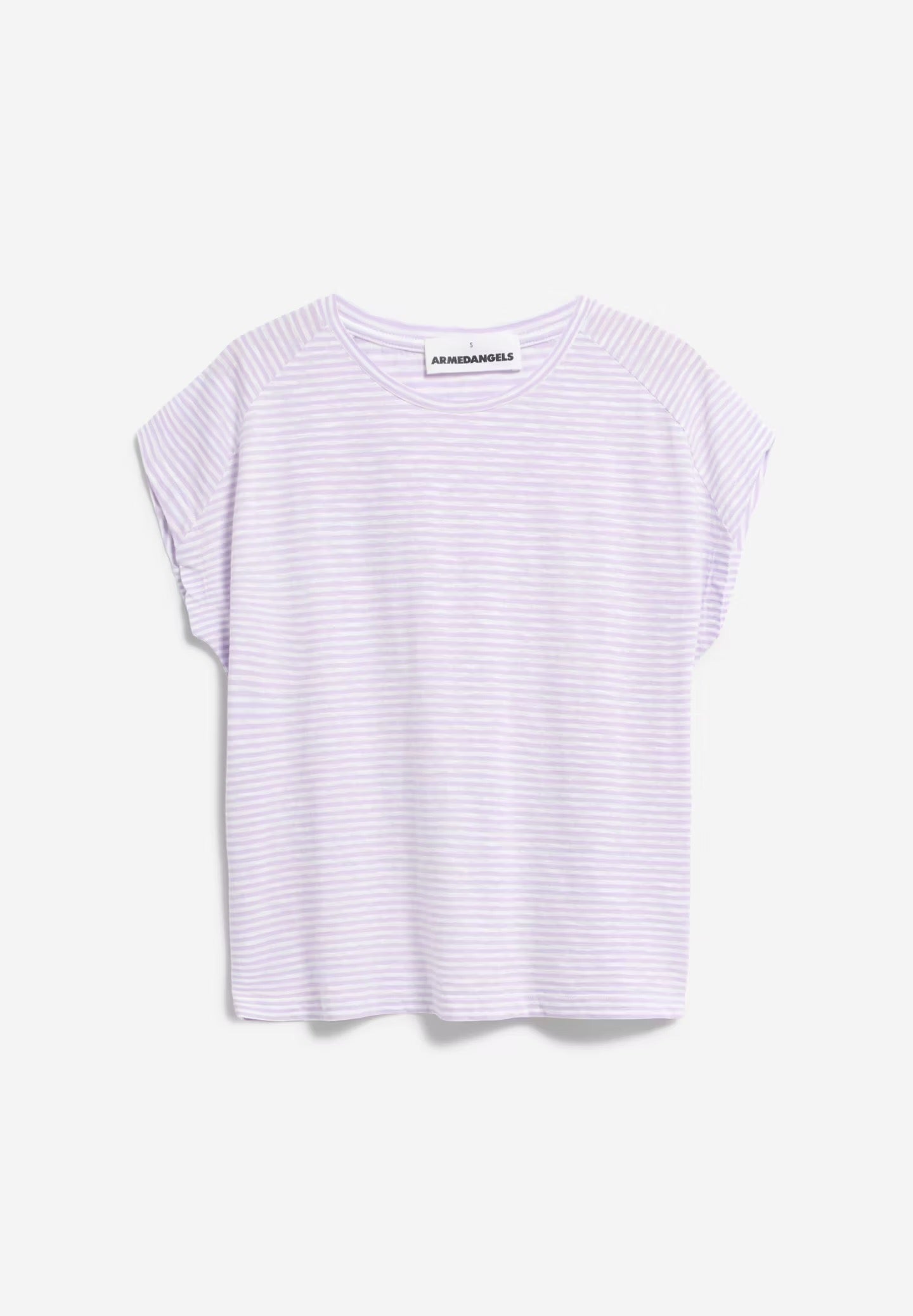 Loose fit striped t-shirt from Armedangels, with cap sleeves and a round neck, fine horizontal stripes in oat milk white and light lavender, made from sustainable organic cotton.