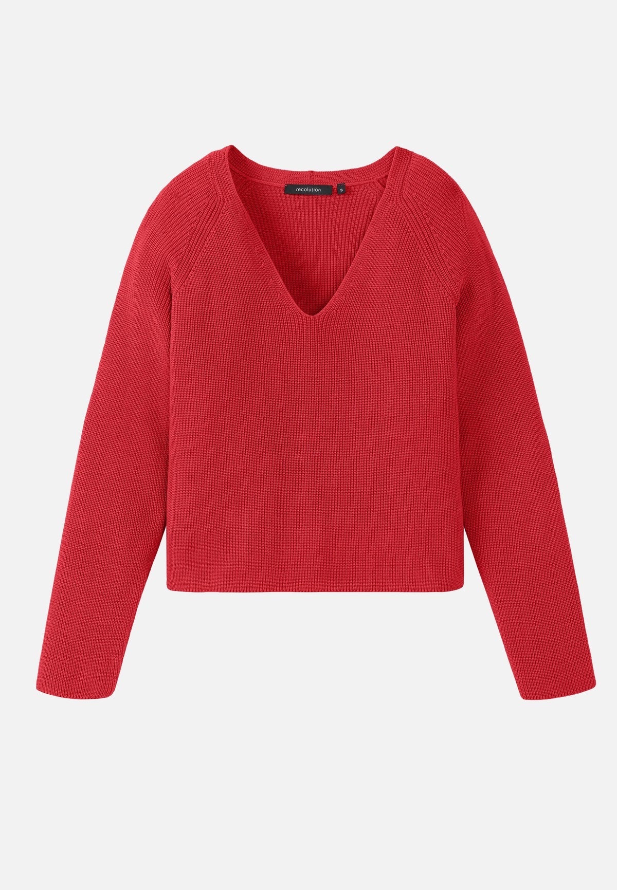 ARUGULA organic cotton jumper from Recolution. Long raglan sleeves, v neck, regular fit. Fine ribbed texture. Bright red.