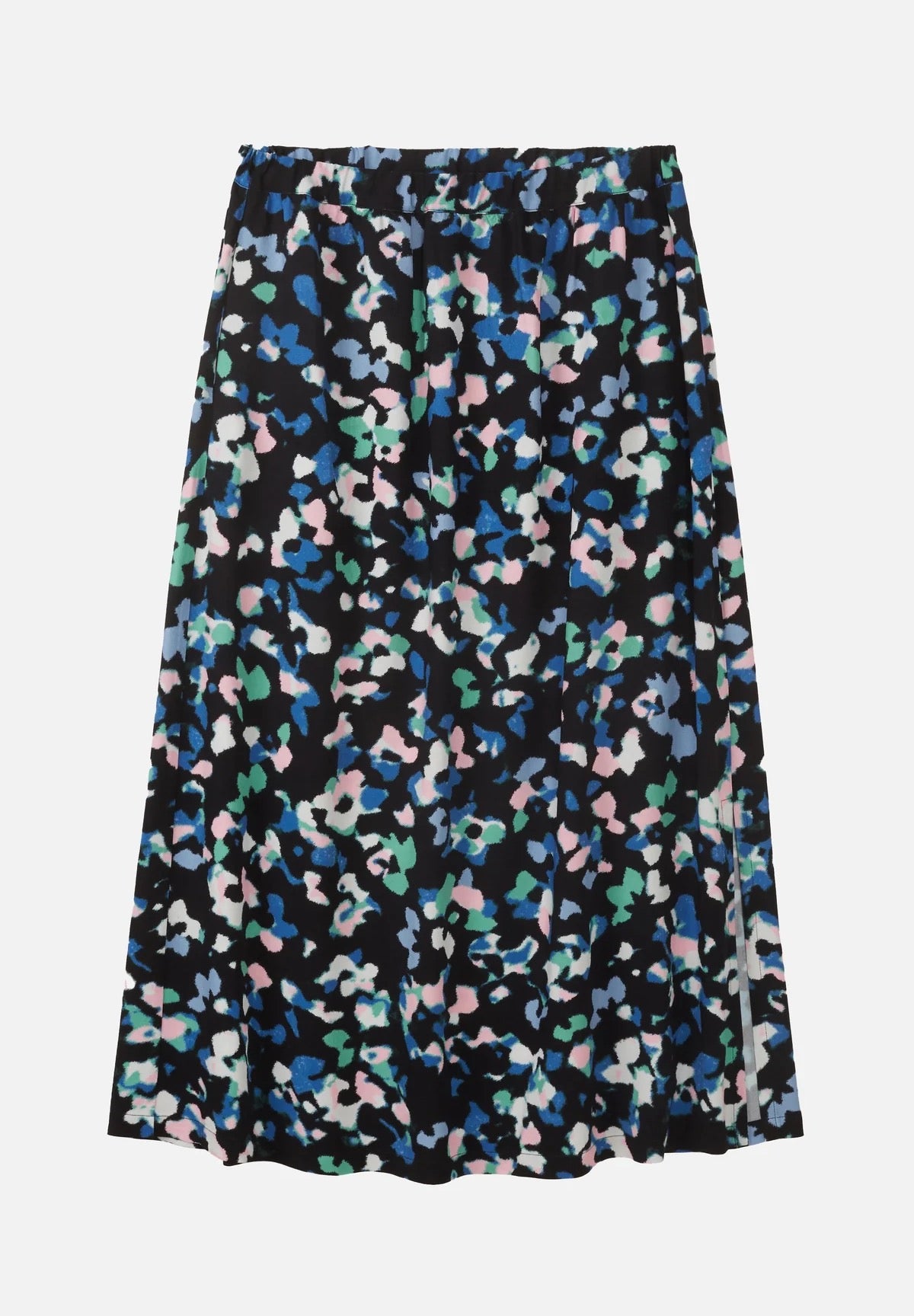 Midi skirt by Recolution,  made from sustainable Ecovero viscose. Abstract floral print in hues of navy, light green and powder pink. With slits on both sides and side pockets.