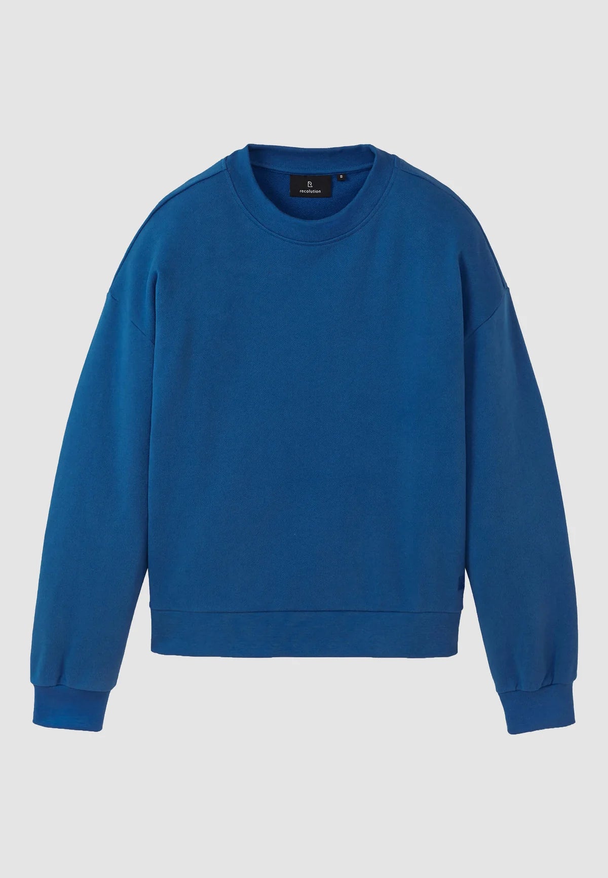 A solid blue crewneck sweatshirt with long sleeves and ribbed cuffs, displayed flat against a light gray background.