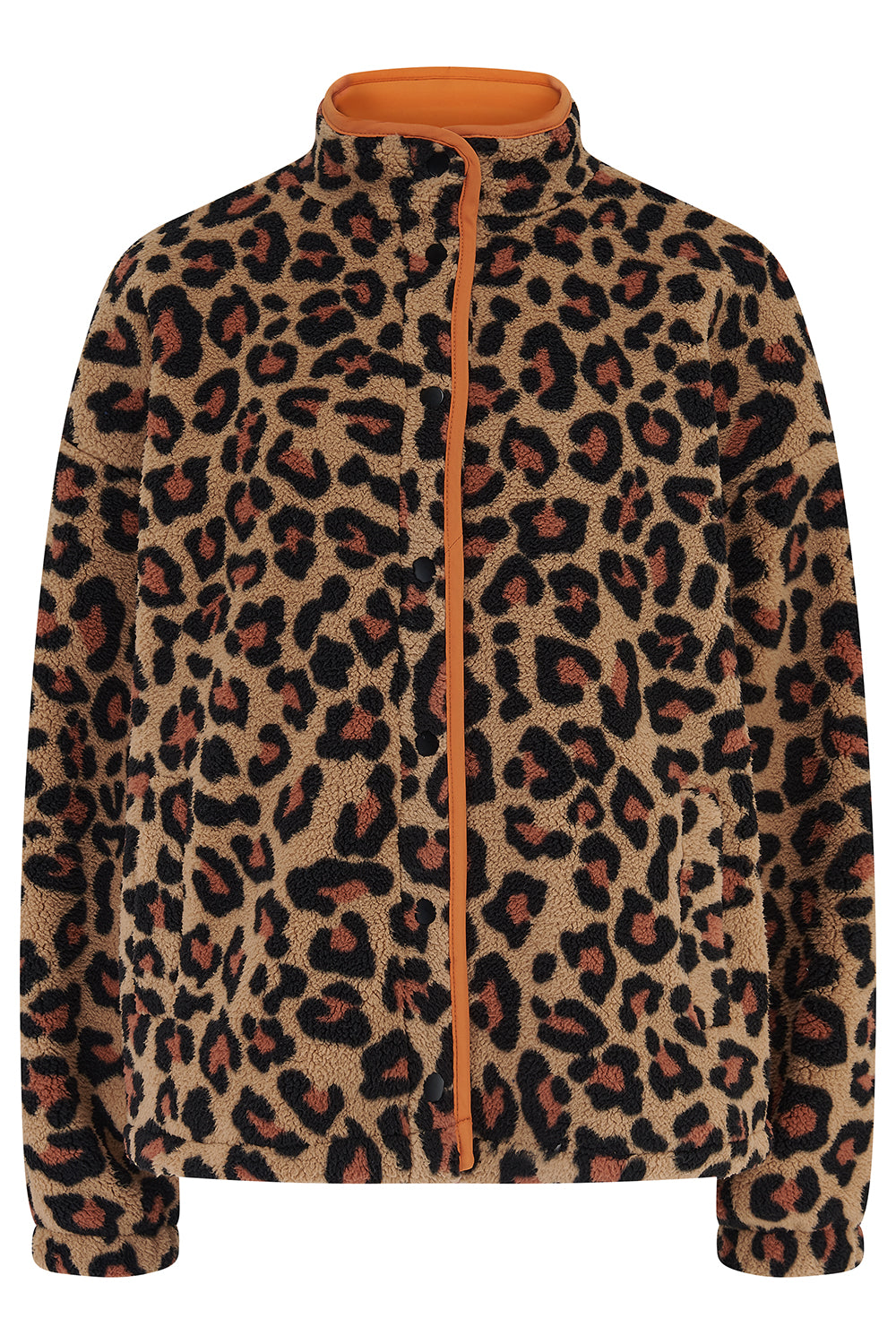 Remi leopard print  fleece jacket from Sugarhill Brighton with orange zipper on a white background