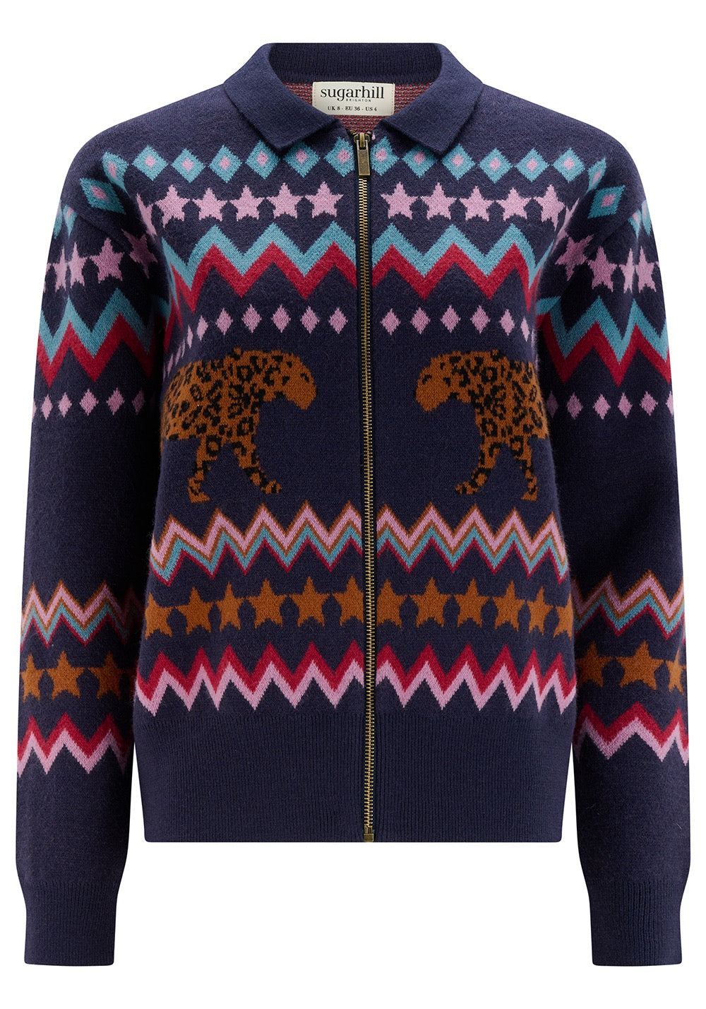 KATLIN KNITTED BOMBER JACKET | NAVY WALKING LEOPARD