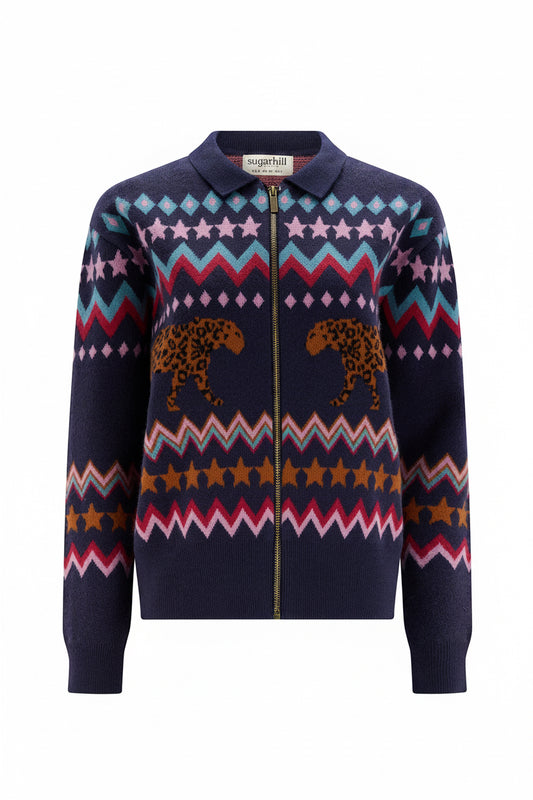 KATLIN KNITTED BOMBER JACKET | NAVY WALKING LEOPARD