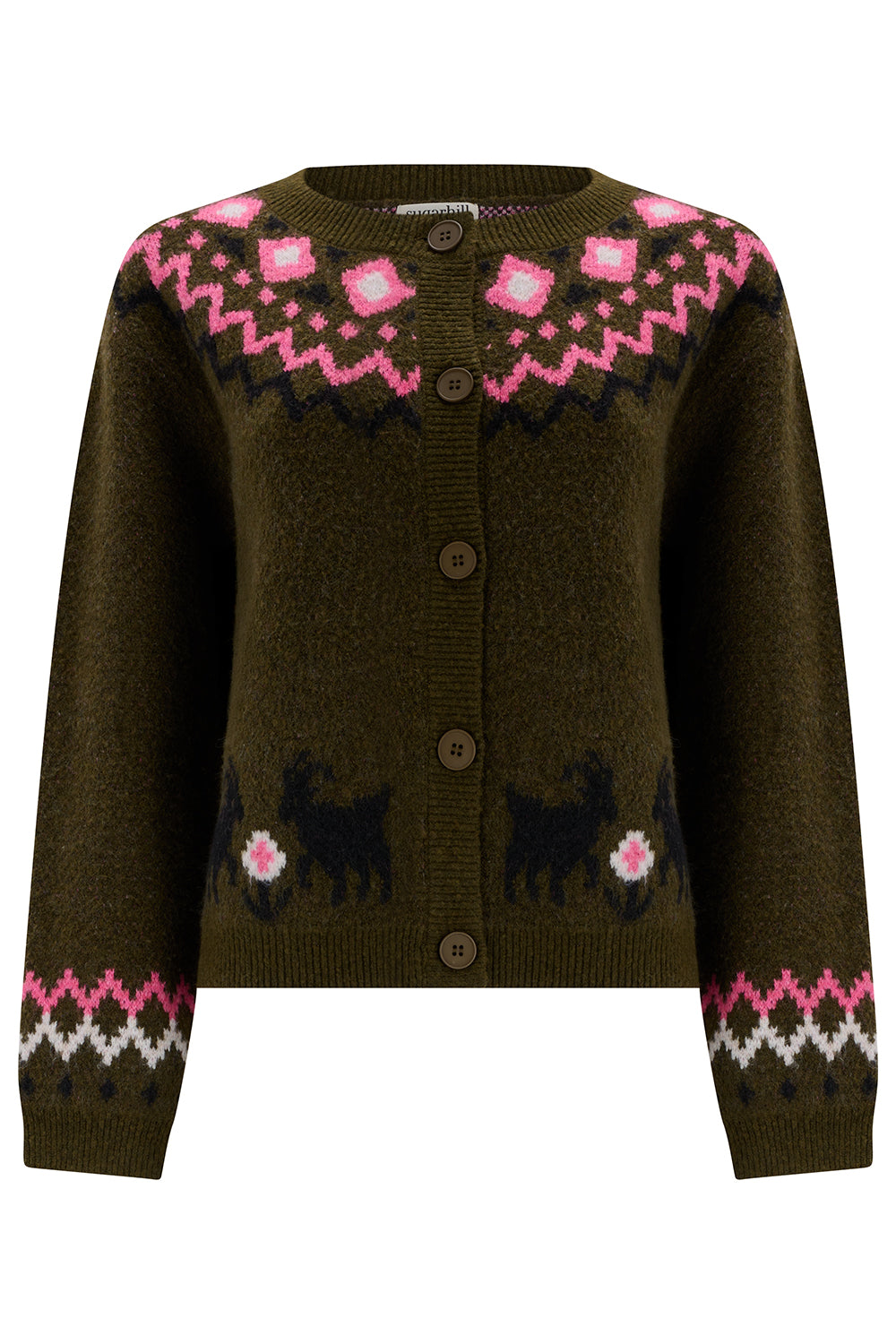 Olive green knitted fair isle cardigan by Sugarhill Brighton with pink and white pattern in folk style