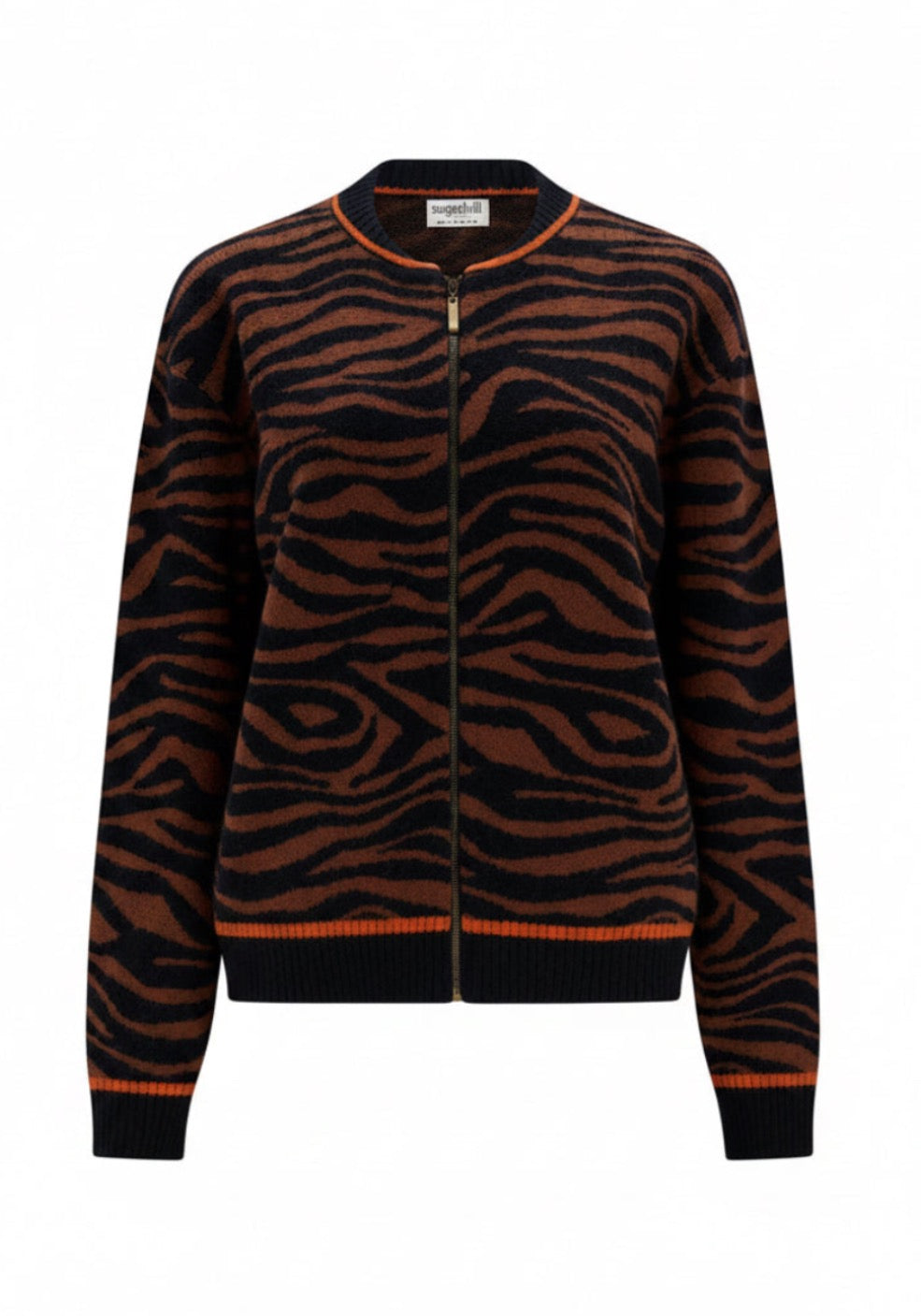 A women's zip-up cardigan from Sugarhill Brighton featuring a brown and black tiger stripe knit pattern, with orange trim along the collar, hem, and cuffs, shown on a plain white background.